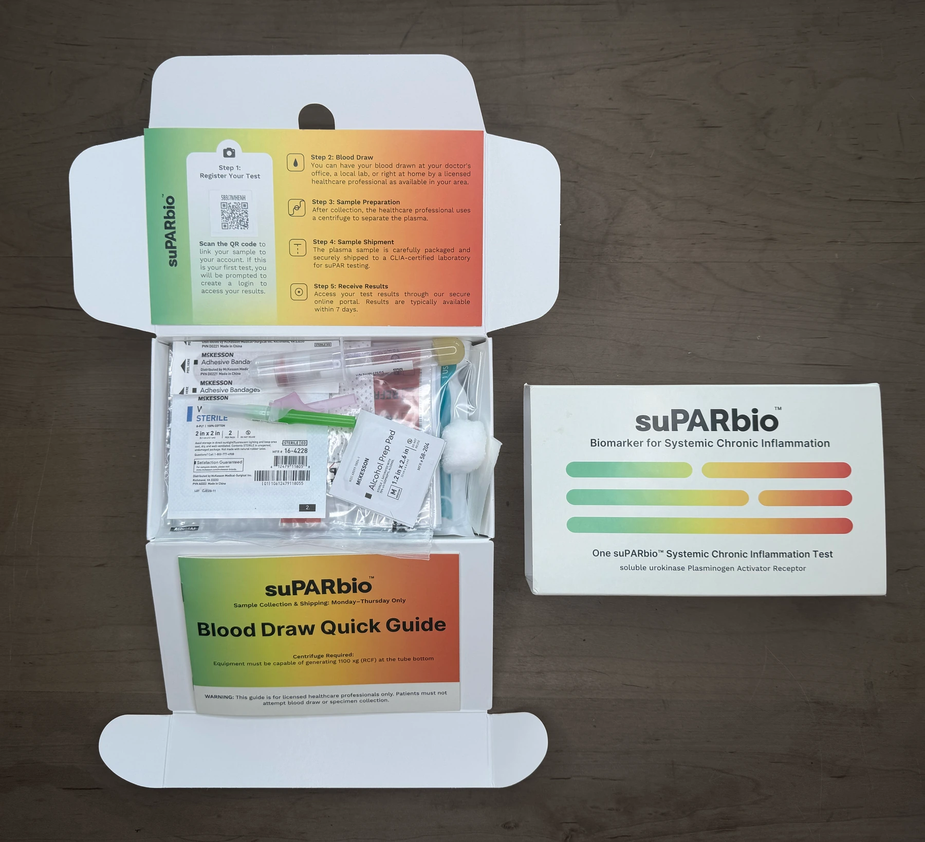 The suPAR Bio kit opened with the Blood Draw Quick Guide and outer casing visible on a cream surface.