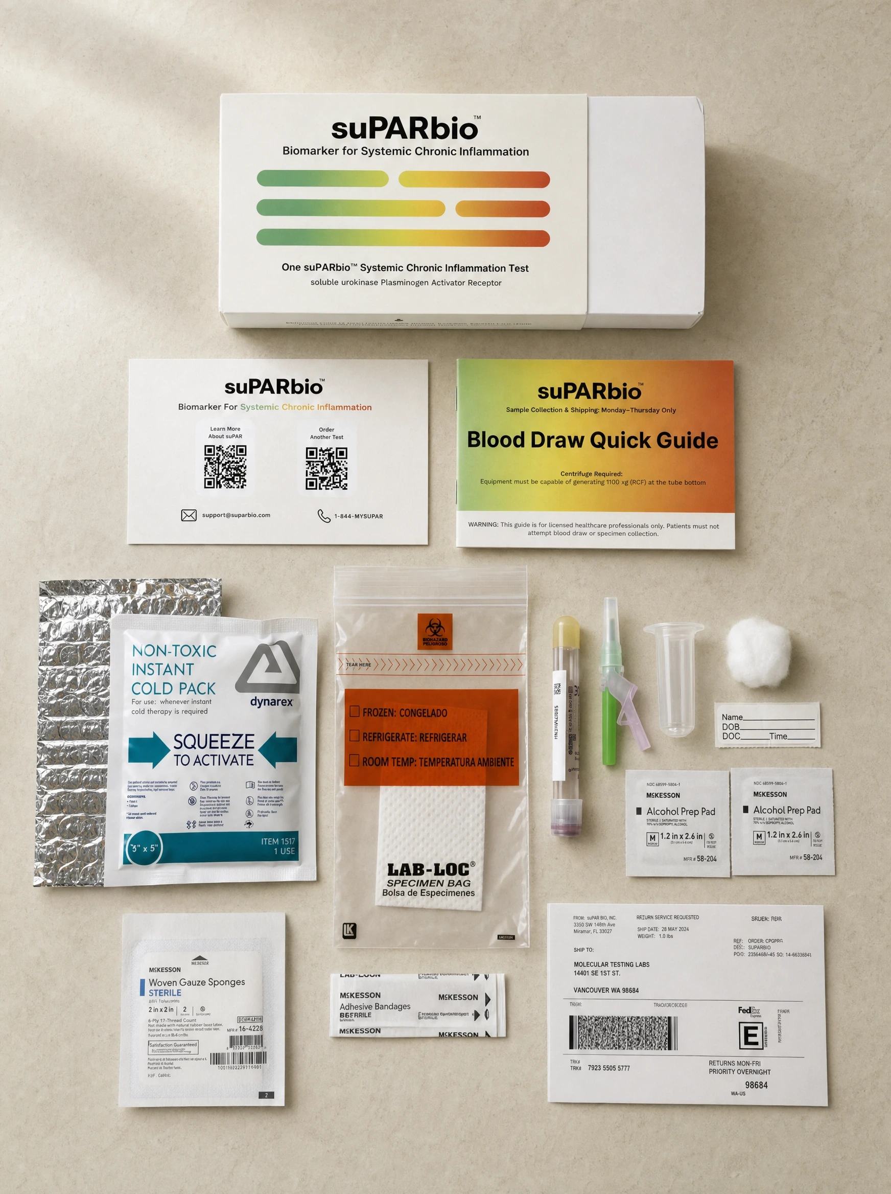 The full suPAR Bio kit contents arranged in an overhead flat lay.