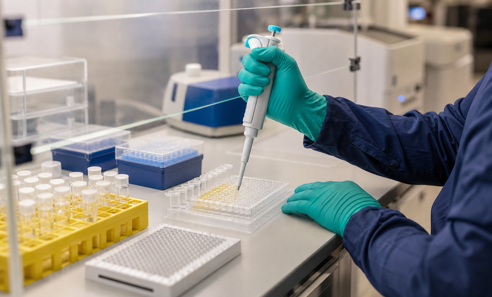 Gloved laboratory hands pipetting into a plate and tubes at a clean lab bench.